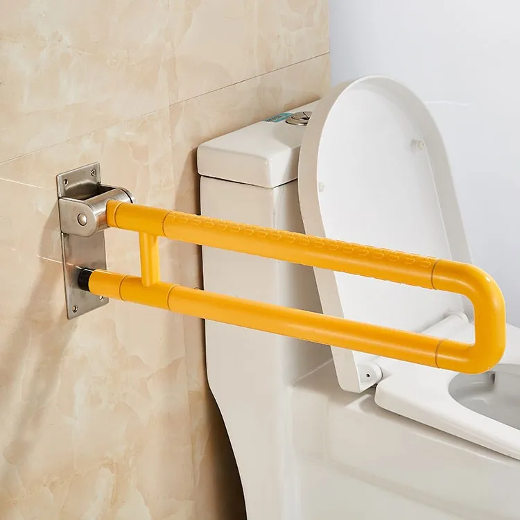 bathroom-ada-grab-bars-1W011-yellow-finish-toilet-installed-beige-tile-high-visibility-signal