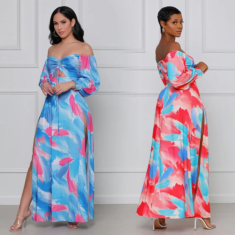 

2021 Fashion Summer New Style European and American Long Skirt One-shoulder Sexy Split Dress, Picture