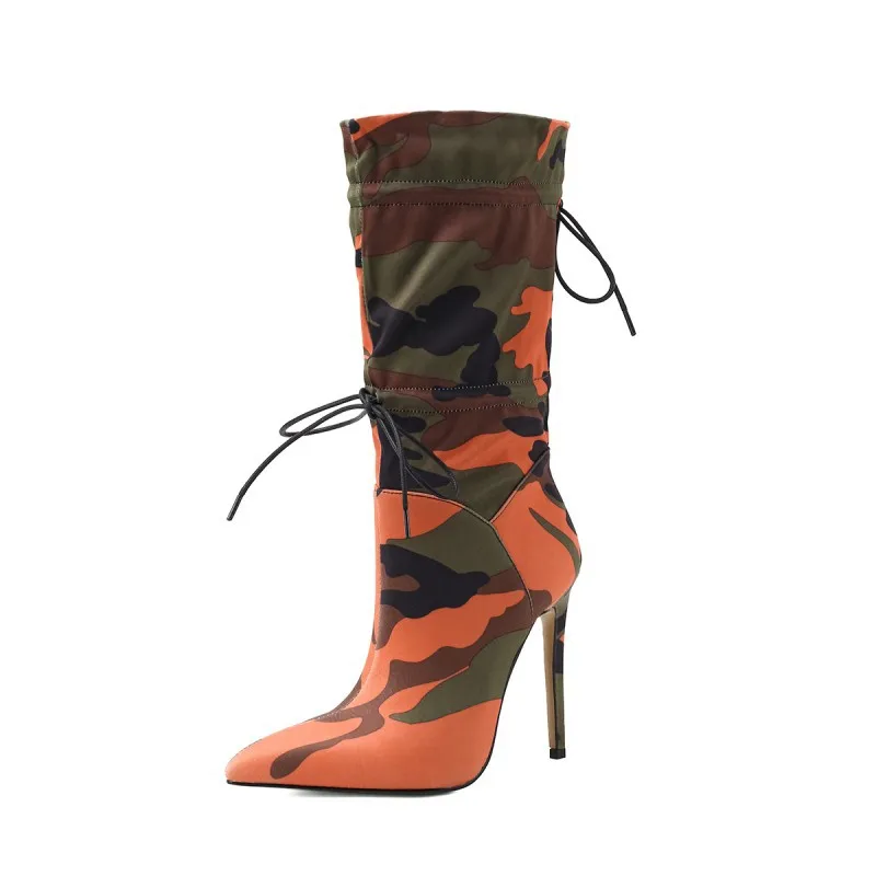 

Autumn Sexy Pointed Toe Camouflage Black High Heeled Shoes Women Knee High Boots