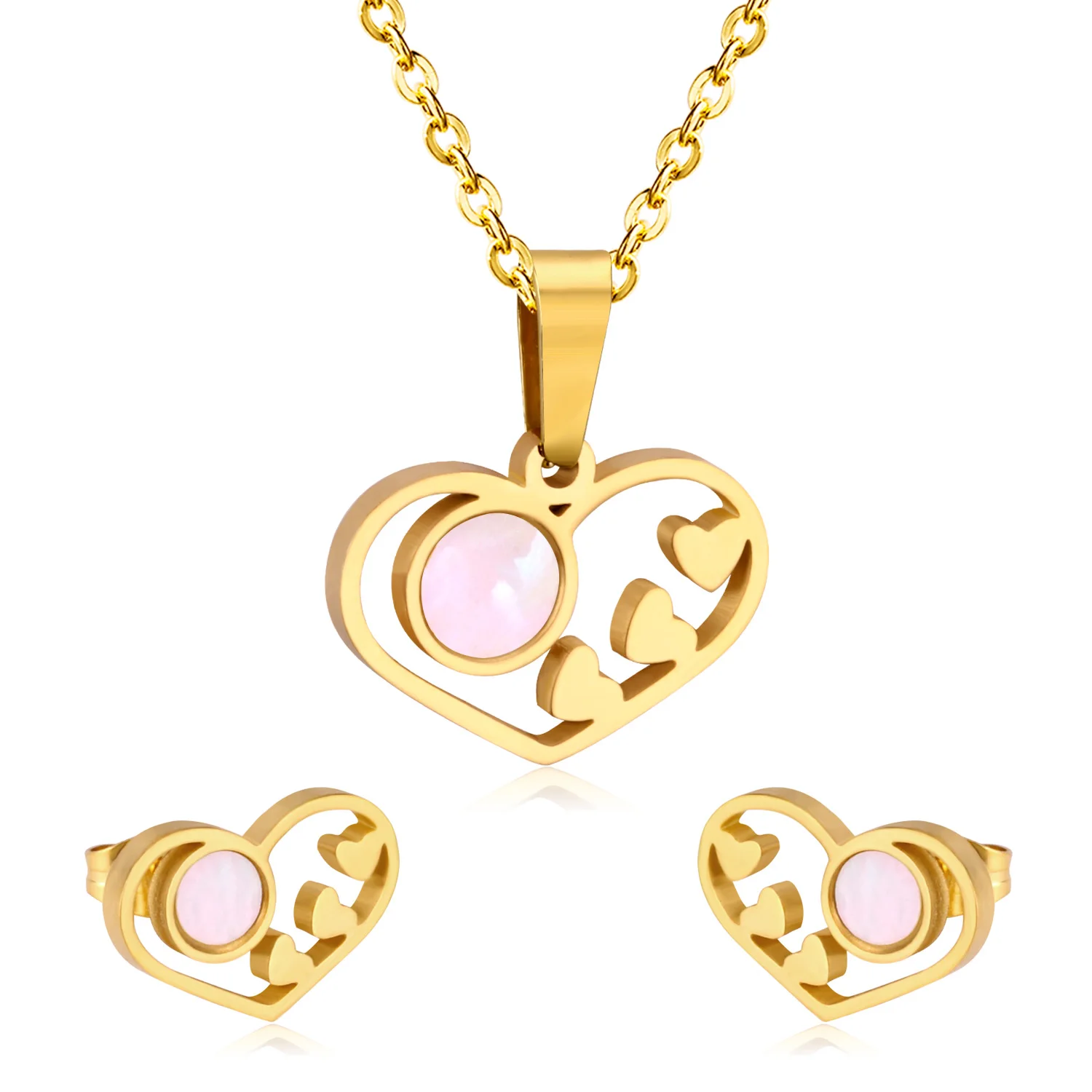 

Wholesale Heart Shape Jewelry Type Stainless Steel Jewelry Set Gold Pendant Necklace Earring Set