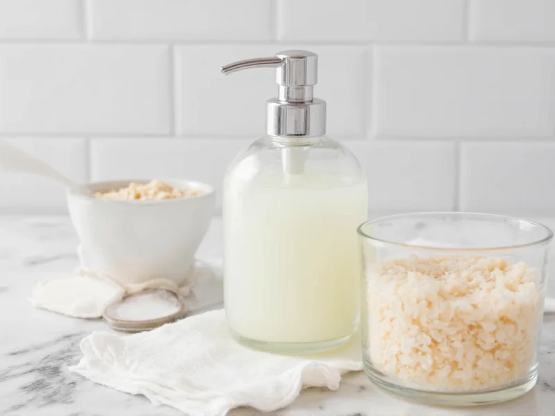Homemade liquid detergent in glass dispenser with soap flakes