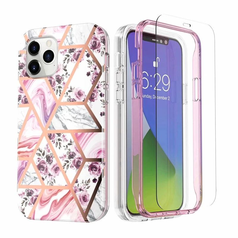 

Tempered Glass Screen Protector Metallic Flower Marble 360 Full Chromed Hybrid Shockproof Cases For Iphone 12 Pro Max 11 8 7, See the pic