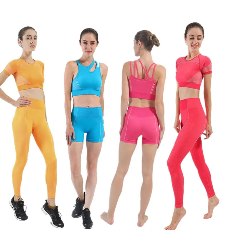 

Women Seamless Yoga Set Fitness Gym Clothing 4 piecesTop Shirts High Waist Running Leggings Workout Pants Sports Suits, 6 colors