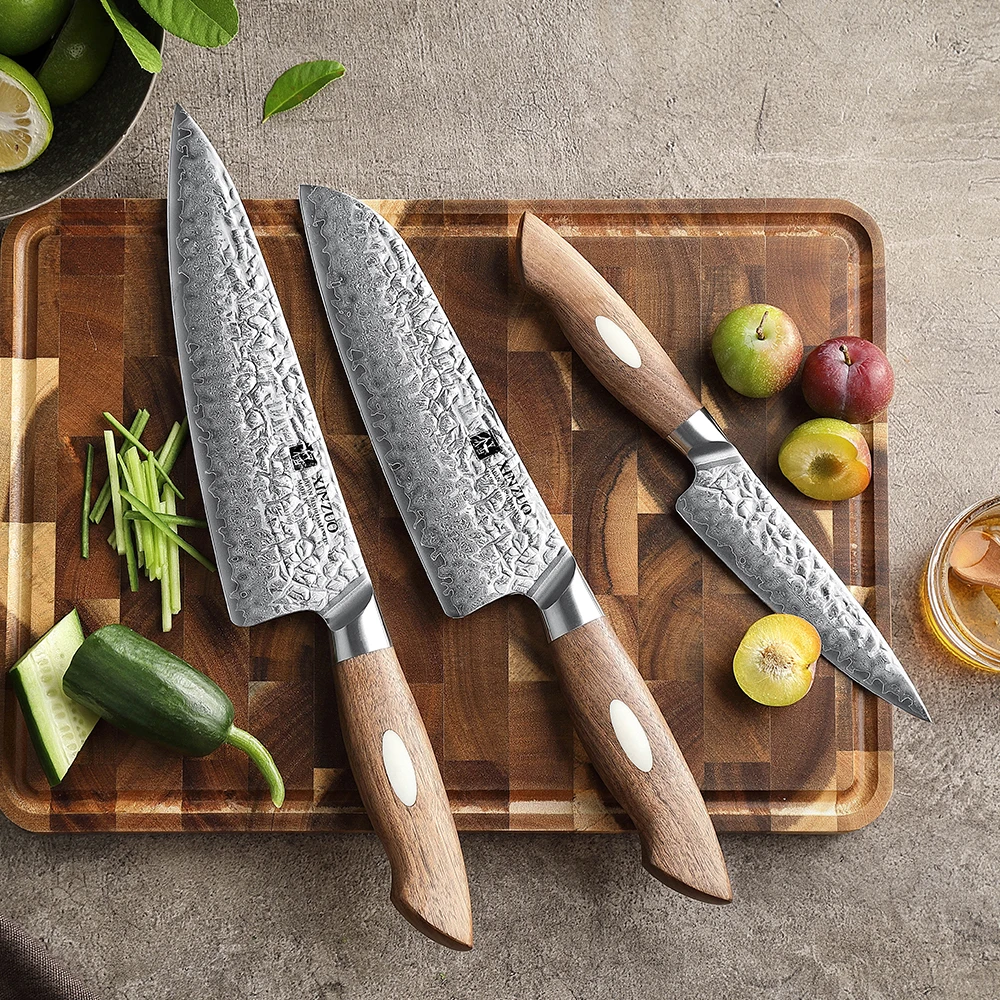 

New Arrivals 3 Pcs Japanese AUS10 Damascus Steel Walnut Wood Handle Super Sharp Kitchen Chef Knife Set