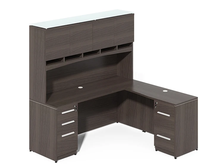 Hot sale grey L type office table with glass top hutch