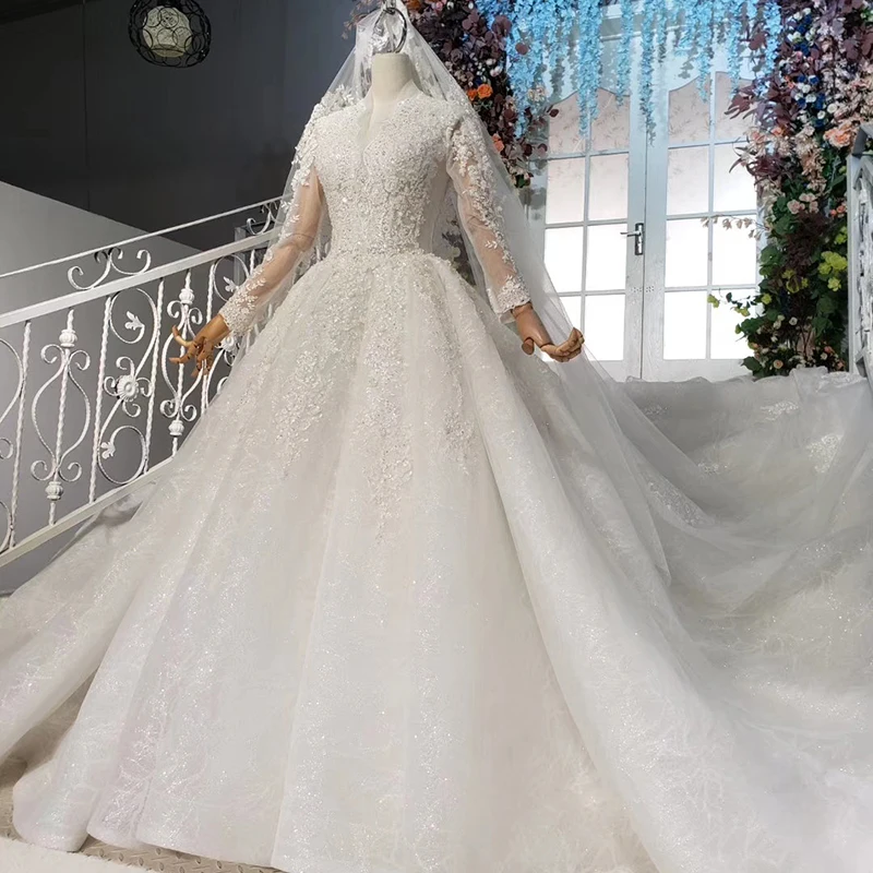 Jancember HTL909 embroidered long train boho 2020 long sleeve bride wedding dress