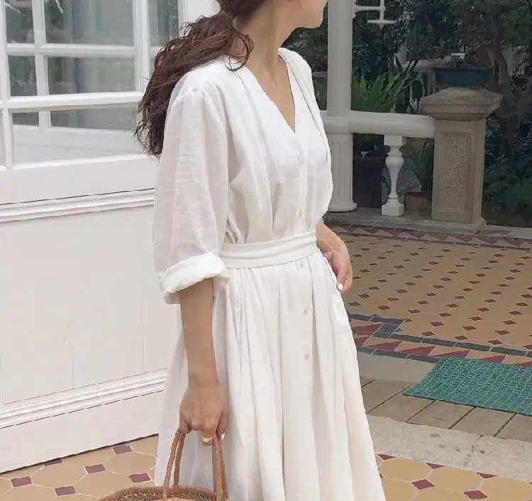 

2020 Wild Casual Dresses V-neck Long-sleeve Simple Lace-up Pleated Loose Cotton And Linen Dress, As shown