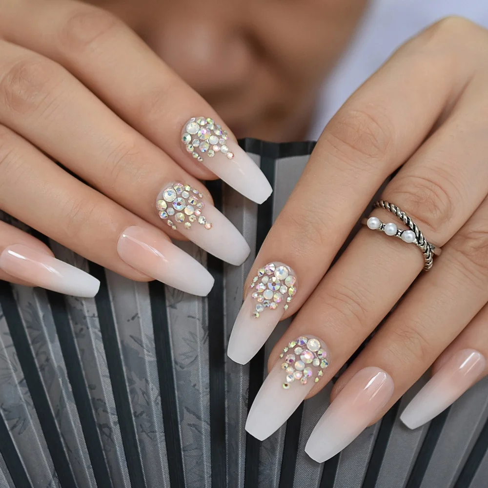 

Luxury Coffin Nails with AB Rhinestones Ombre French Nail with Stones Long False Nails Natural Color Designed L5428, Nude