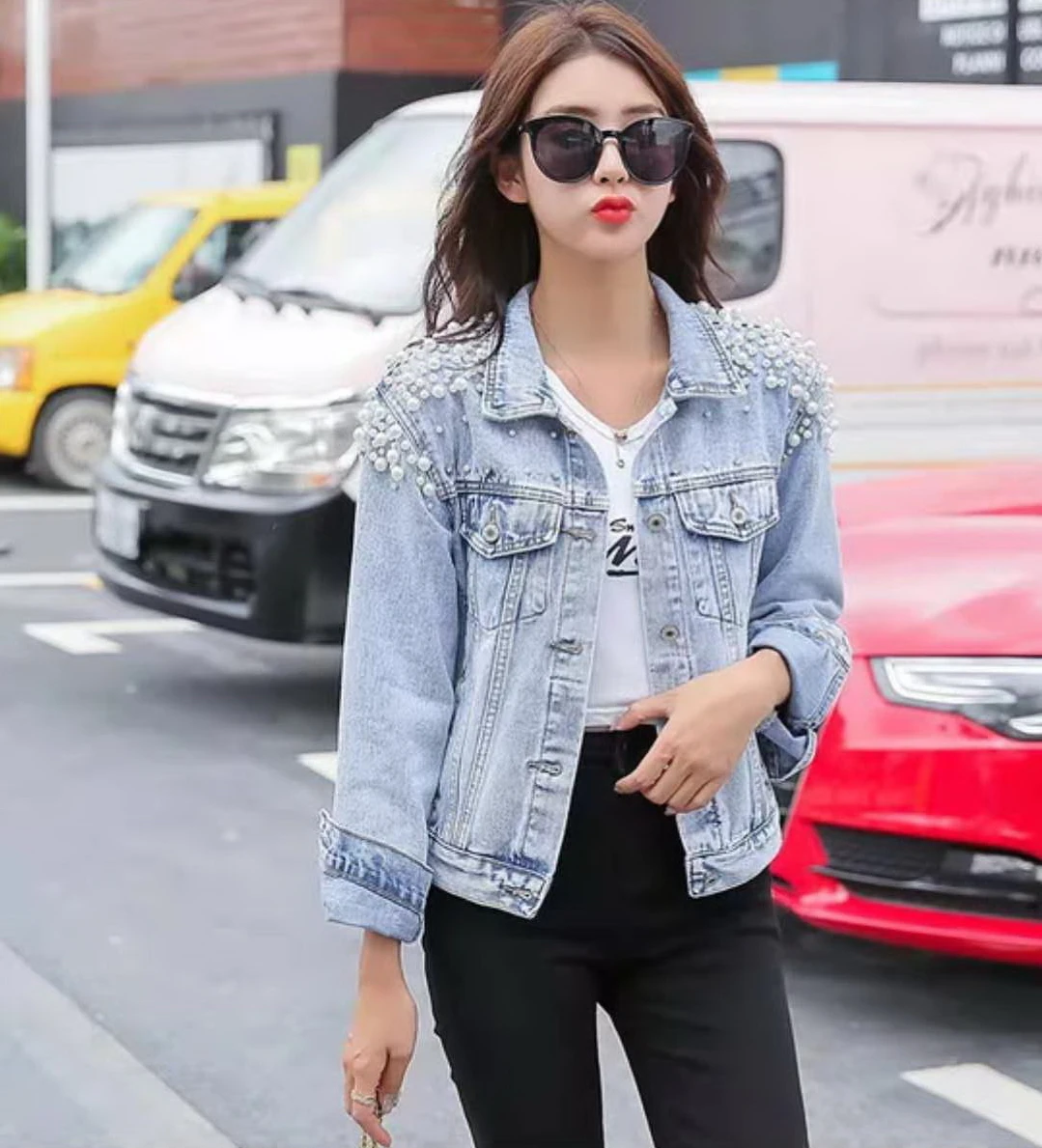 

Spring Autumn Women Basic Coats Women Denim Jacket Pearls Beading Fashion Jeans Coat Loose Long Sleeve Jackets