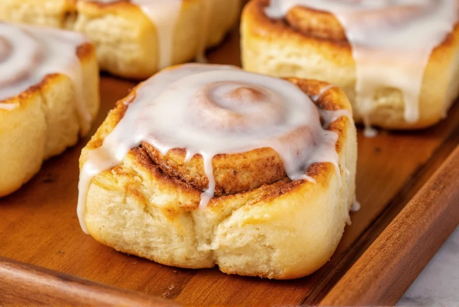 Perfectly baked cinnamon rolls with golden brown color and cream cheese frosting melting into crevices on wooden baking sheet