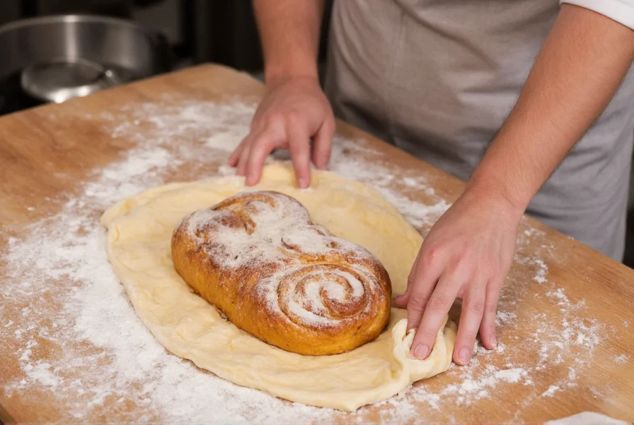 Professional baker shaping pumpkin sourdough cinnamon roll dough on floured wooden surface with visible gluten window pane test