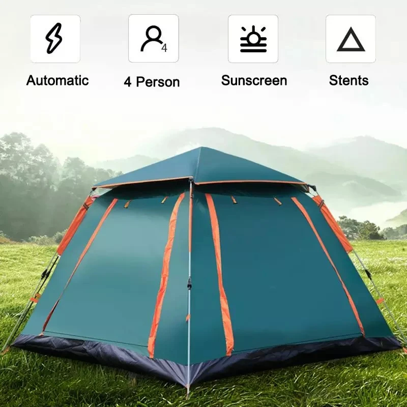 

Family Camping Quick Automatic Opening Tent 4 Person Large Space Tents Breathable Outdoor Hiking Tent, Silver,black