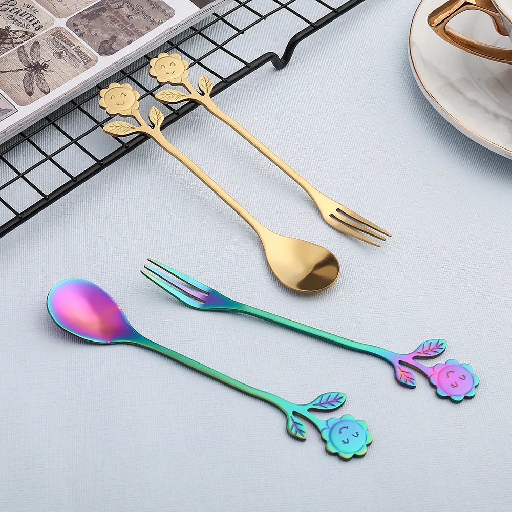 

Stainless steel creative coffee spoon new flower spoon dessert fork wholesale, Sliver/gold