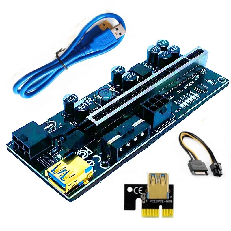 

6 LED Riser VER 010S 010X Plus PCI-E PCIE Riser For Video Card PCI Express Adapter Molex 6Pin SATA to USB 3.0 Cable X1 X16, Black