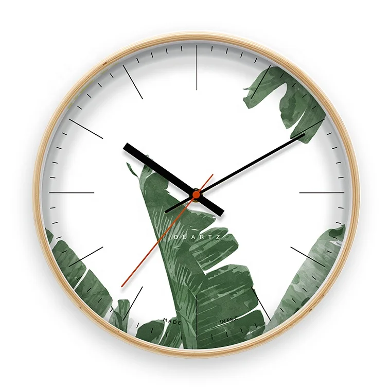 

12 inch Green Leaves Custom Nordic Clock INS Style Modern Round Wood Wall Clock