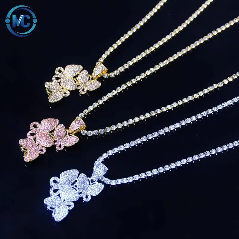 

Hot selling Crystal Rhinestone Butterfly Necklace Gold Plated Full Diamond Tennis Chain Butterfly Necklace For Women