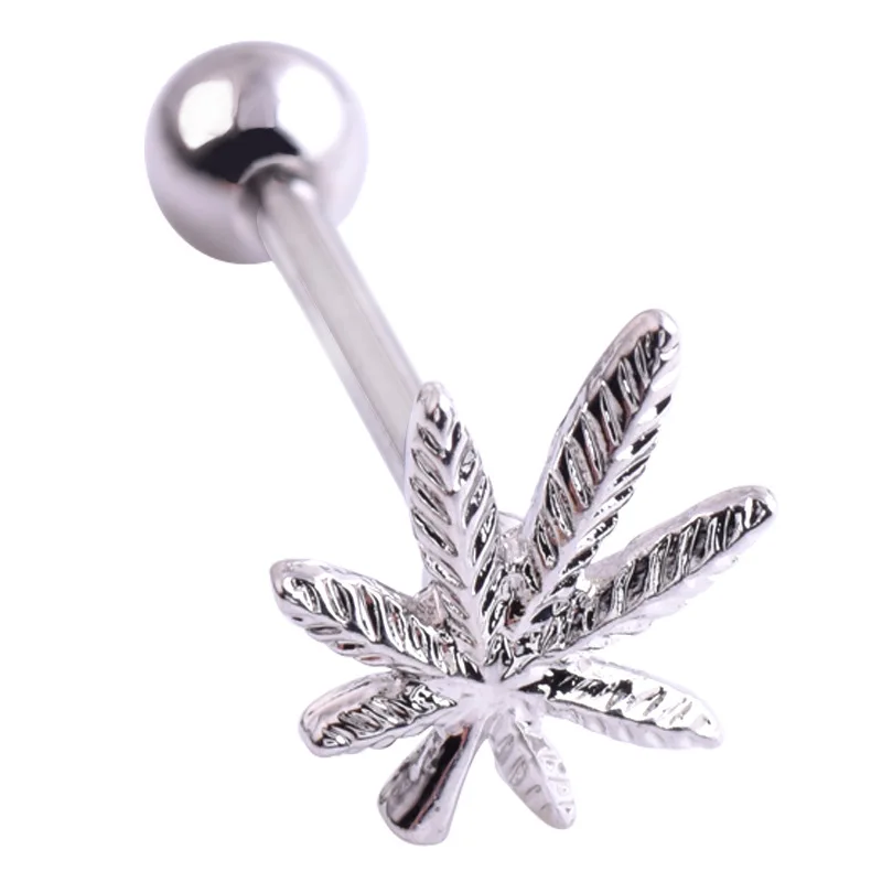 

VRIUA Hot Sale Stainless Steel Leaf Tongue Studs Black Hemp Leaf Tongue Piercing Jewelry