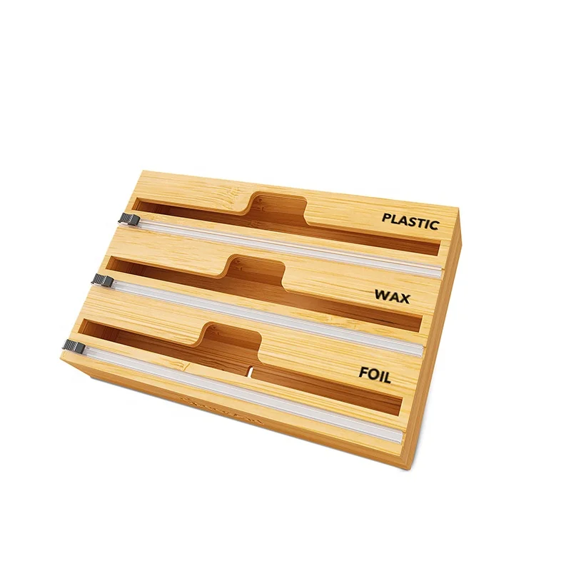 

3 in 1 Plastic Wrap Foil Dispenser Bamboo Roll Organizer Holder with Cutter and Labels bamboo ziplock bag storage organizer, Natural wood color