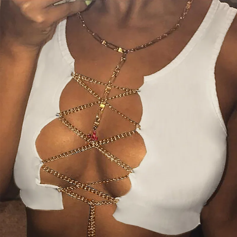 

Wholesale Women Ladies Hot Night Club Wear Sexy Sleeveless Low-Cut Vest Chain Tank Crop Tops