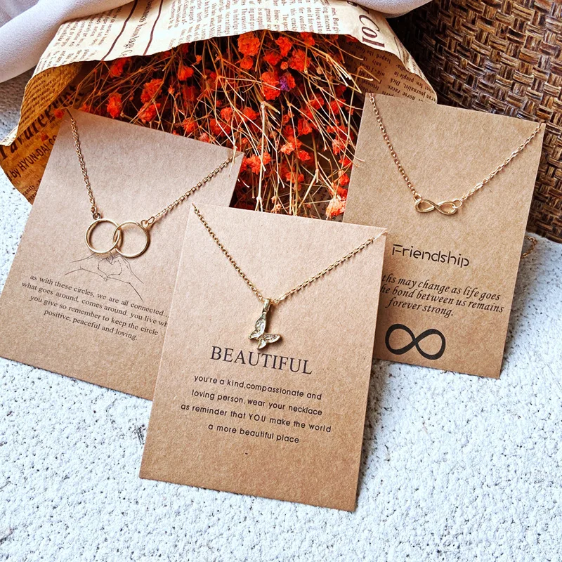 

Wholesale Hot Selling Butterfly Pendant with Card For Women Jewelry Gift Double Circle Necklace, As shown