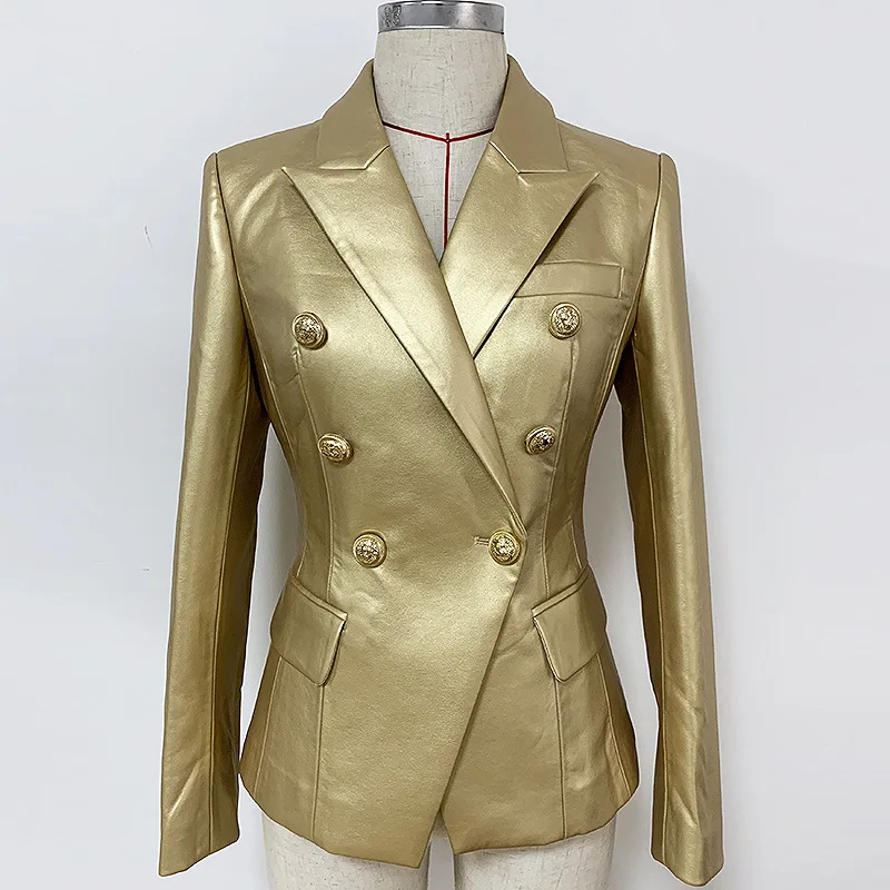 

2020 New Arrivals Fashion Golden Buttons Women PU leather blazers women suits