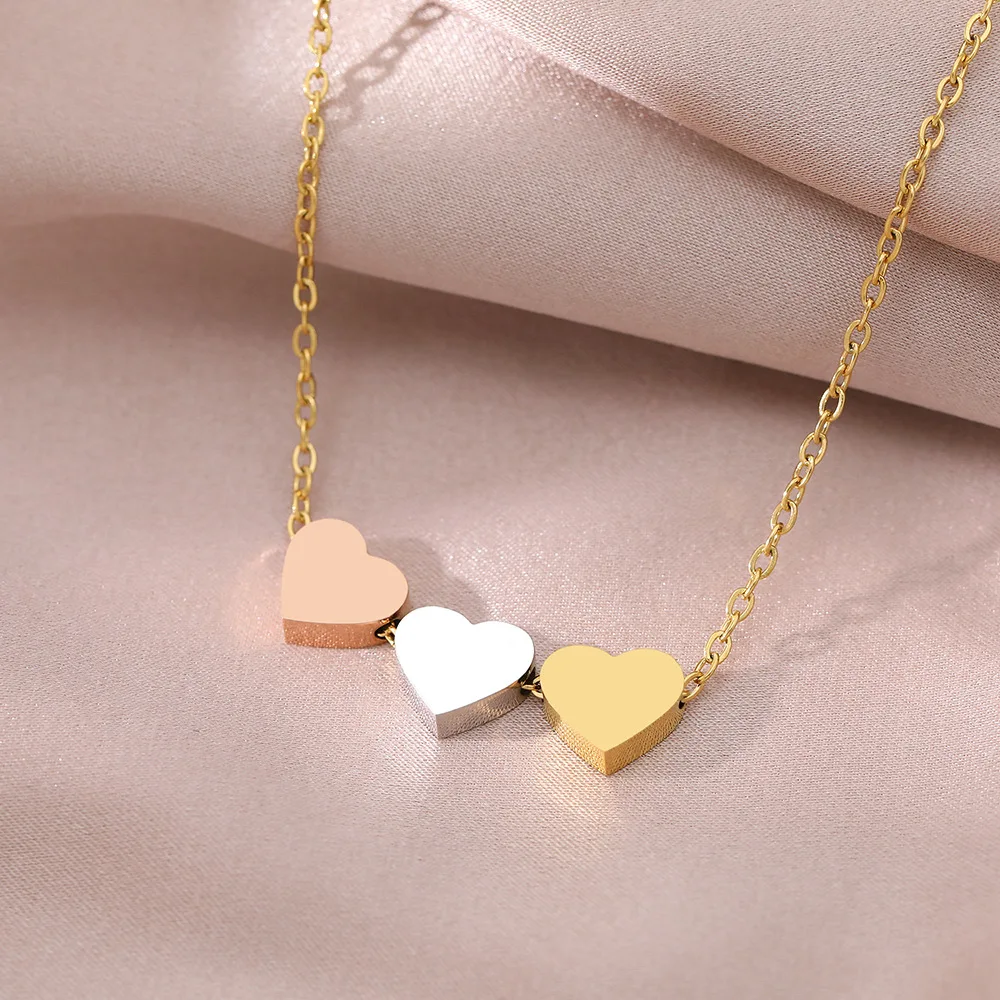 

Fashion Stainless Steel Heart Charm Engraving Jewelry Blank Pendant Charm Personalised Three Heart Charm Necklace