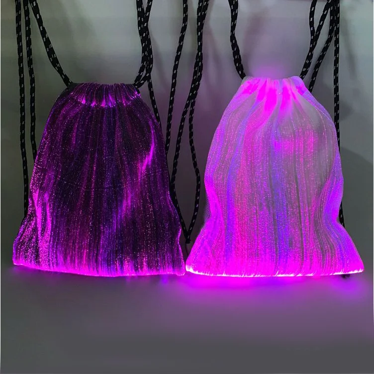 

New outdoor cycling USB rechargeable APP control glowing drawstring bag fiber optic LED backpack, Black/white sneaker bag