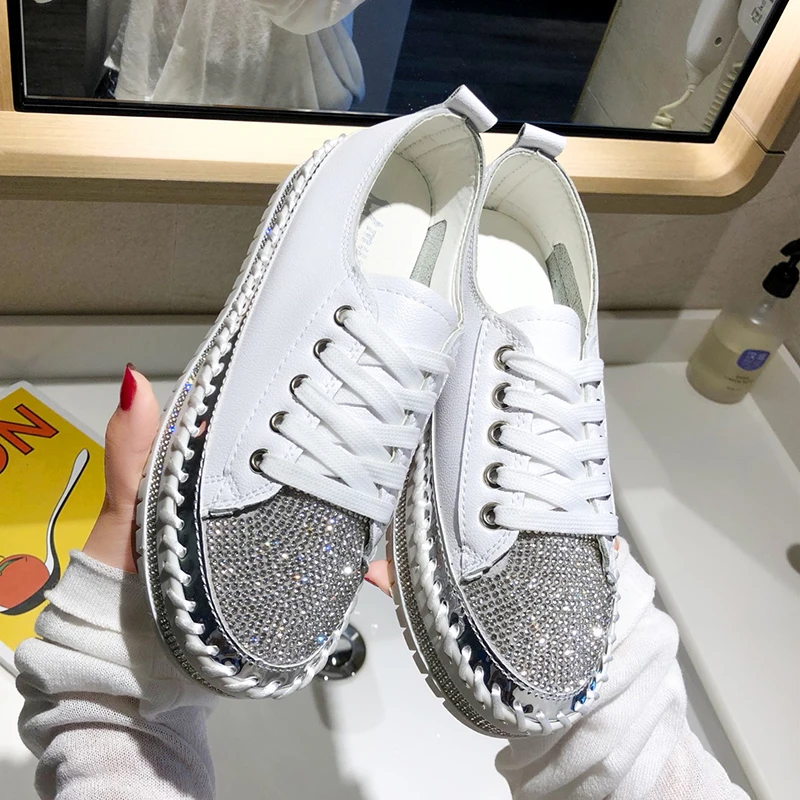 

Luxury Women Flats Brand Design Silver Rhinestone Flat Platform Shoes Woman Bling Sneakers Creepers Ladies Casual Shoes