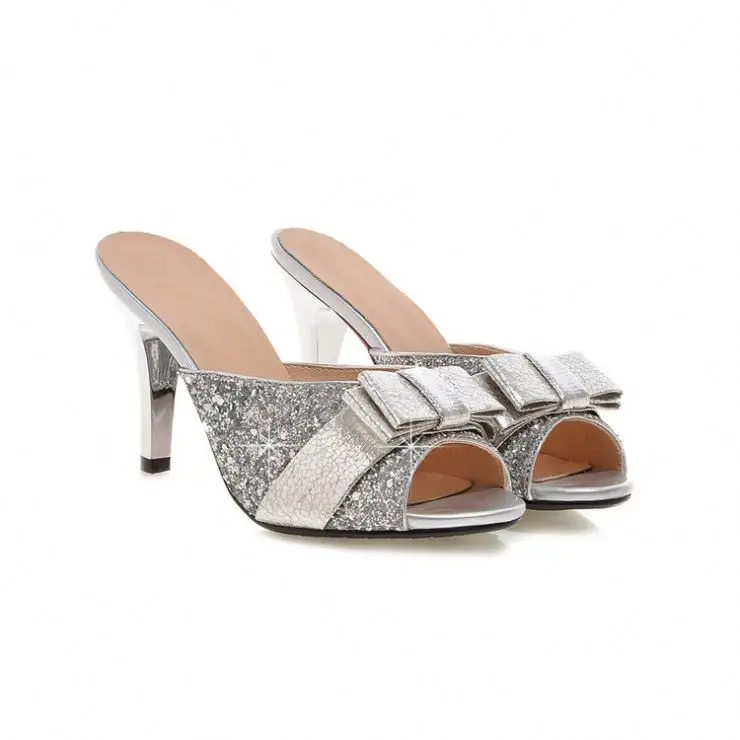 

LM4815 2021 summer new fish mouth toned sequins sweet bow fashion sexy open toe stiletto sandals and slippers, White, gold, silver, black