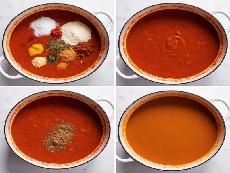 Step-by-step enchilada sauce preparation with spices and broth