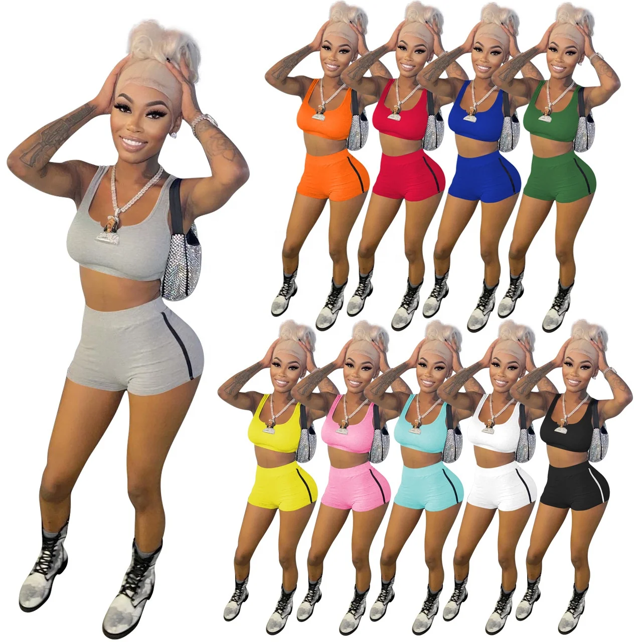 

Custom 2021 Hot Girl Summer Bare Midriff Woman Cute Tops Crop Ladies Biker 2 Piece Set Women Two Piece Short Set