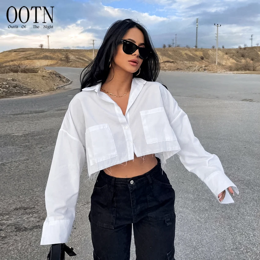 

OOTN Streetwear Blue Shirts Blouses Female 2023 Fashion Long Sleeve Pockets Sexy Crop Tops Summer Loose White Shirts For Women