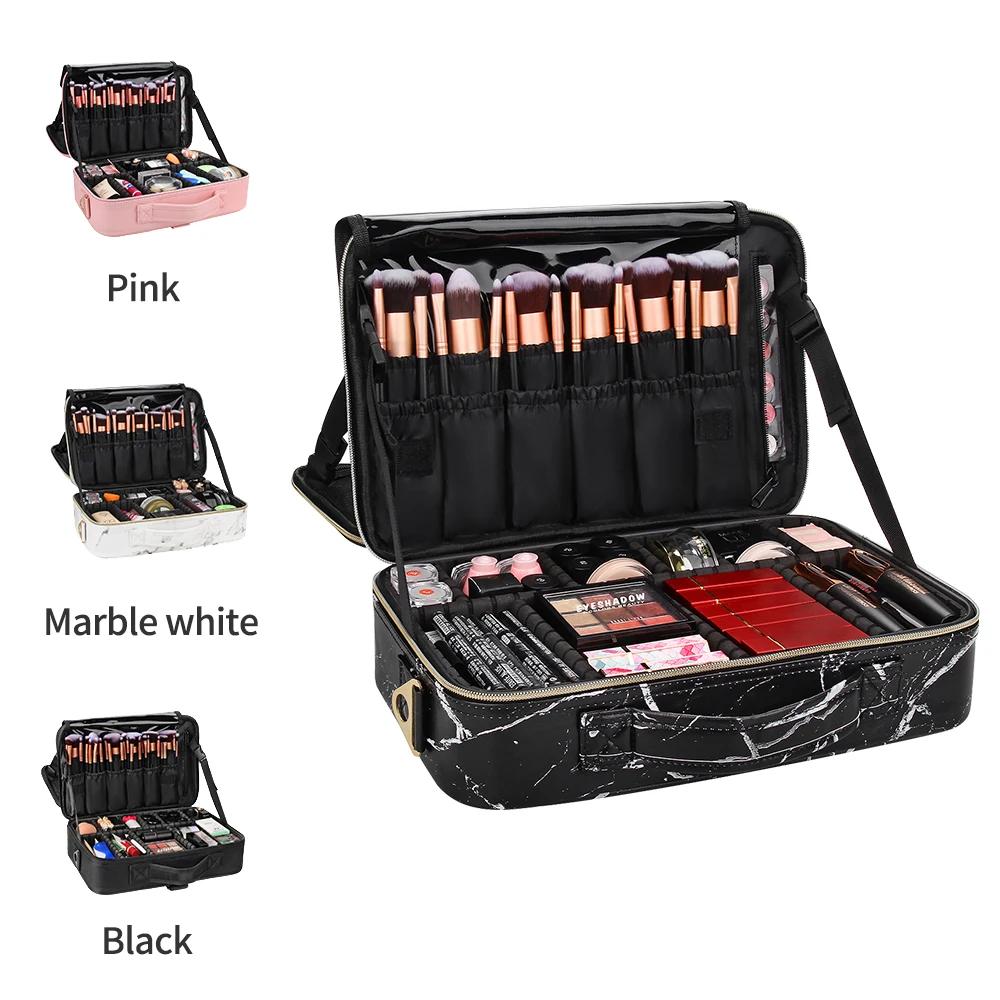 

Dropshipping Relavel Hot Sale Professional 3 Layers Portable Marble Black Travel Makeup Organizer Zipper Cosmetic Cases Bag