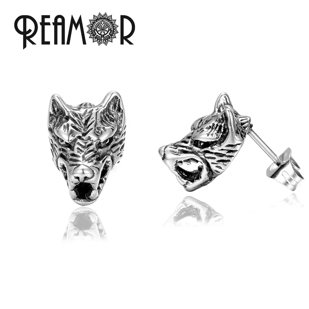 

REAMOR Wild Feral Wolf Animal Sword Stud Earrings Antique 316L Stainless Steel Punk Gothic Earring for Men and Women, Silver color