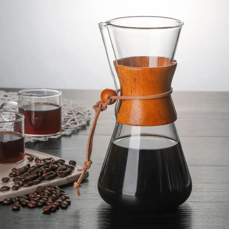 

Hot Sale Borosilicate Hand Blown Glass Coffee Maker With Wooden slim waist Drip Pour Over Coffee Pots