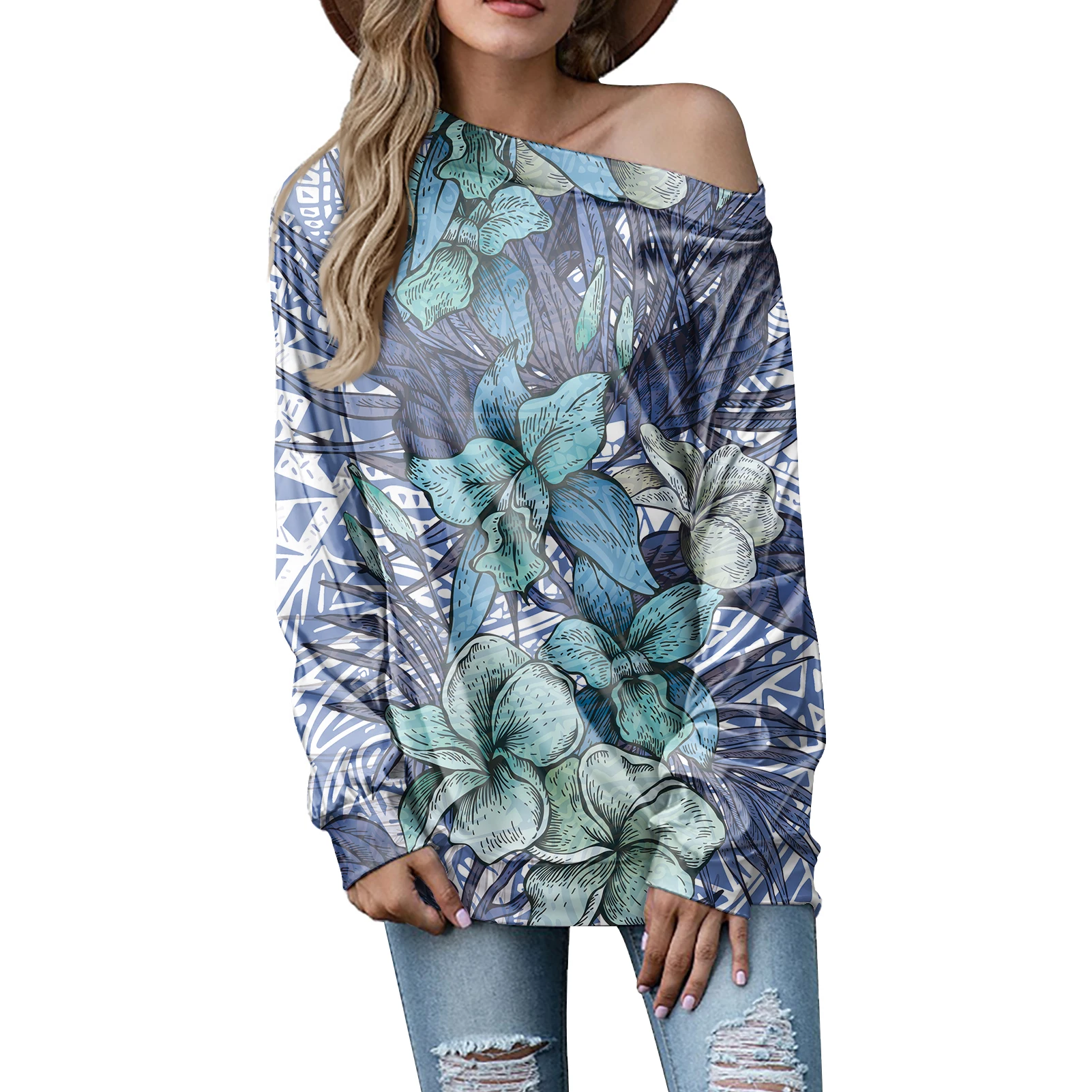 

Purple Turtle Hibiscus Polynesian Tribal Top Off Shoulder Long Sleeve Boat Neck Casual Fashion Loose Pullover Blouse Tops Tunics, Customized color