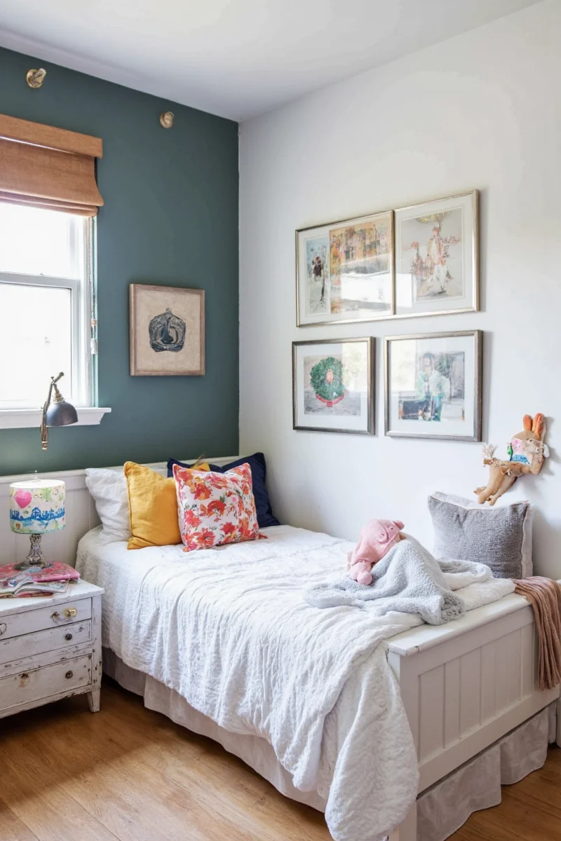 Teen bedroom with beige walls and colorful throw pillows