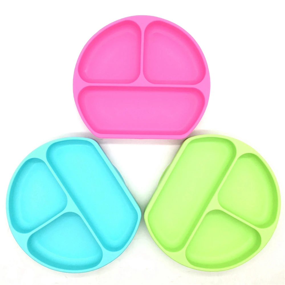 

BHD Wholesale Divided Feeding Plate for Toddlers BPA Free Kid Plate Dishwasher Safe Baby Silicone Plate with Suction, Blue, pink, green, support custom color