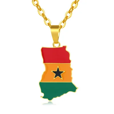 

Amazon Hot Sale PVD 18k Real Gold Plated Men Stainless Steel Necklaces Enamel Republic of Ghana Flag Country Map Necklaces