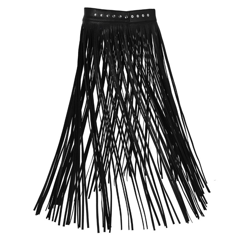 

Luxury Black Bohemia Tassel Skirt Womens White Leather Long Fringe Adjustable Waistband Belt Dress