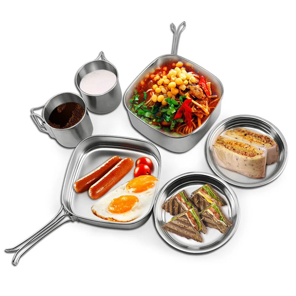 

Outdoor Camping Portable Cookware Sets Folding Stainless Steel 6 pieces Cooking Pots Frying Pan Camping Cup Tableware Sets, Silver