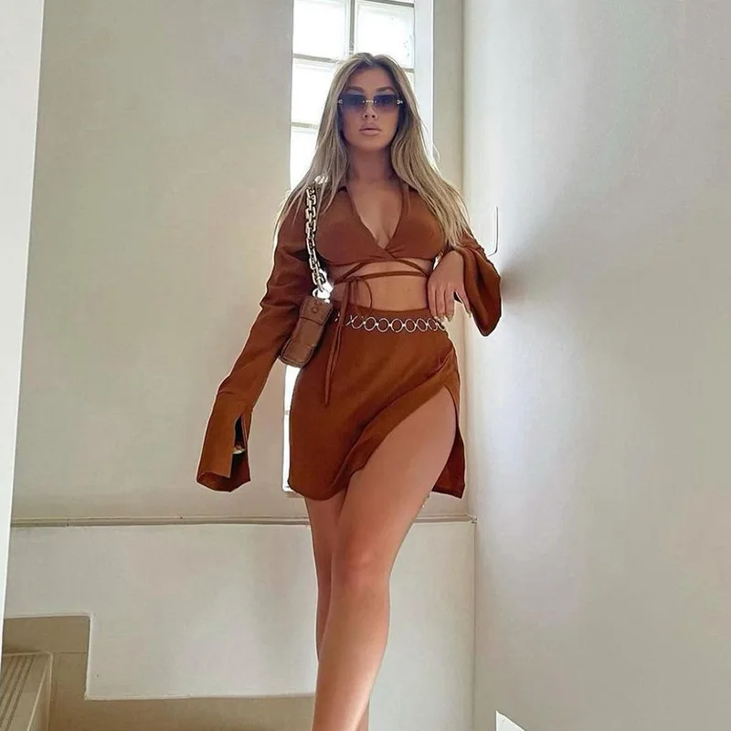 

Wholesale Fashion Latest Design Crop Top Mini Sexy Casual Long Sleeve Factory Price Skirt Set