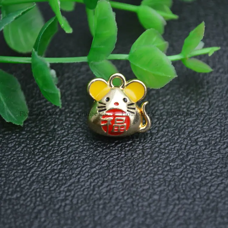 

Gold plating Words "Good Fortune" Luck Mouse Enamel Metal Charms Jewelry Findings