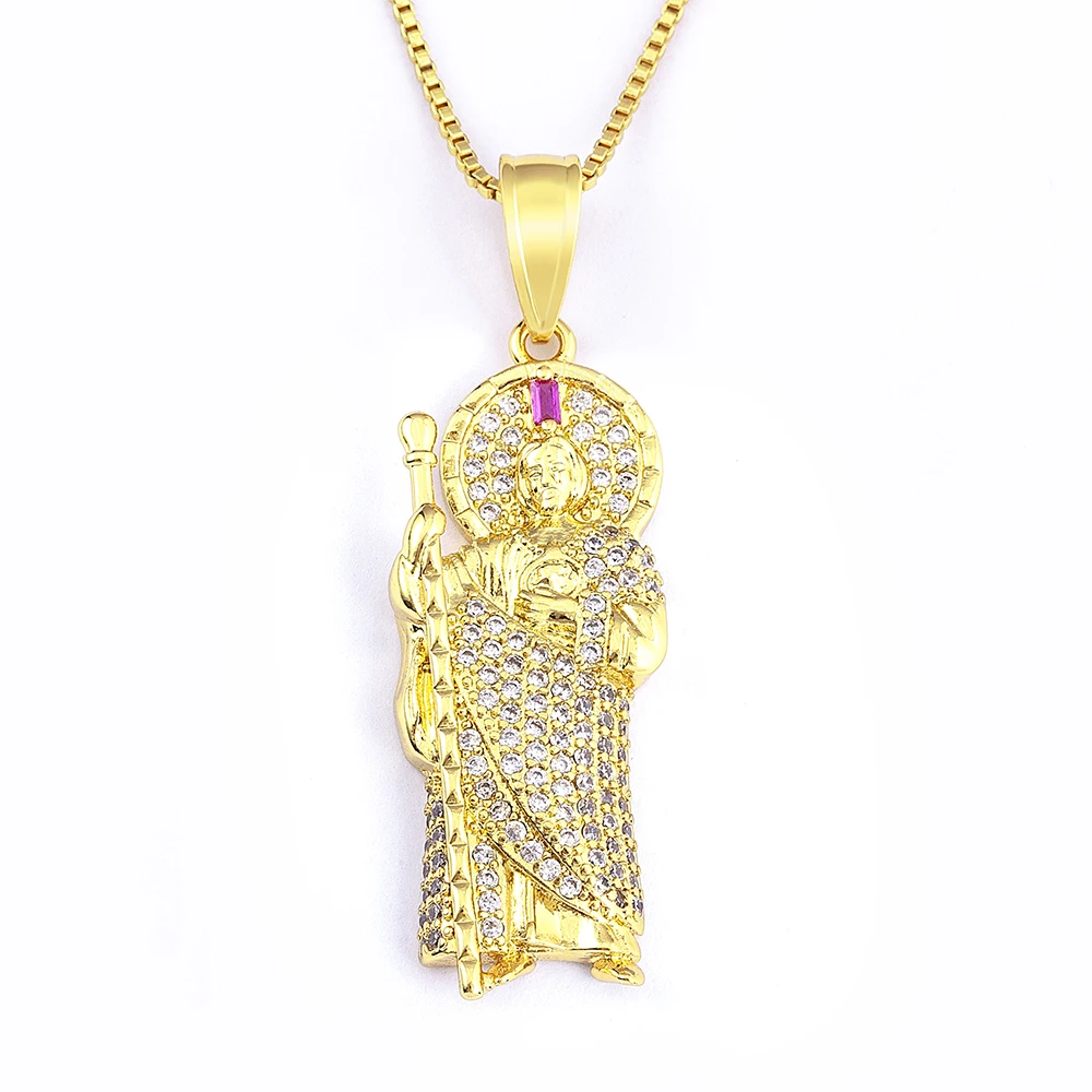 

Fashion Jewelry Crystal San Judas Pendant Necklace Gold Plated CZ Alloy Charm Necklace for Women and Men Wholesale Price