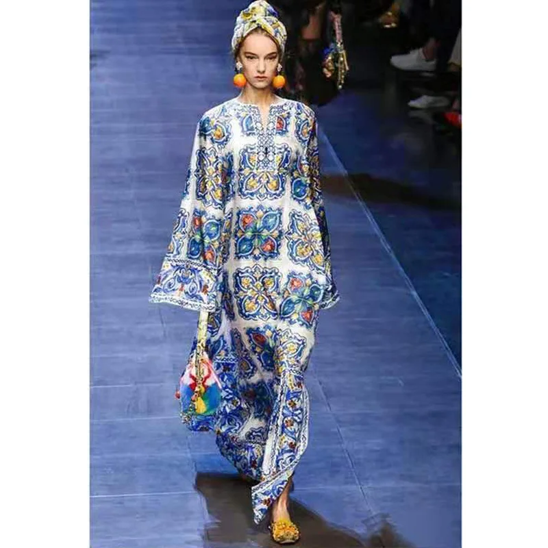 

2021 New Bohemian Beach Skirt European And American Dress Blue And White Porcelain Evening Dress Print Dress