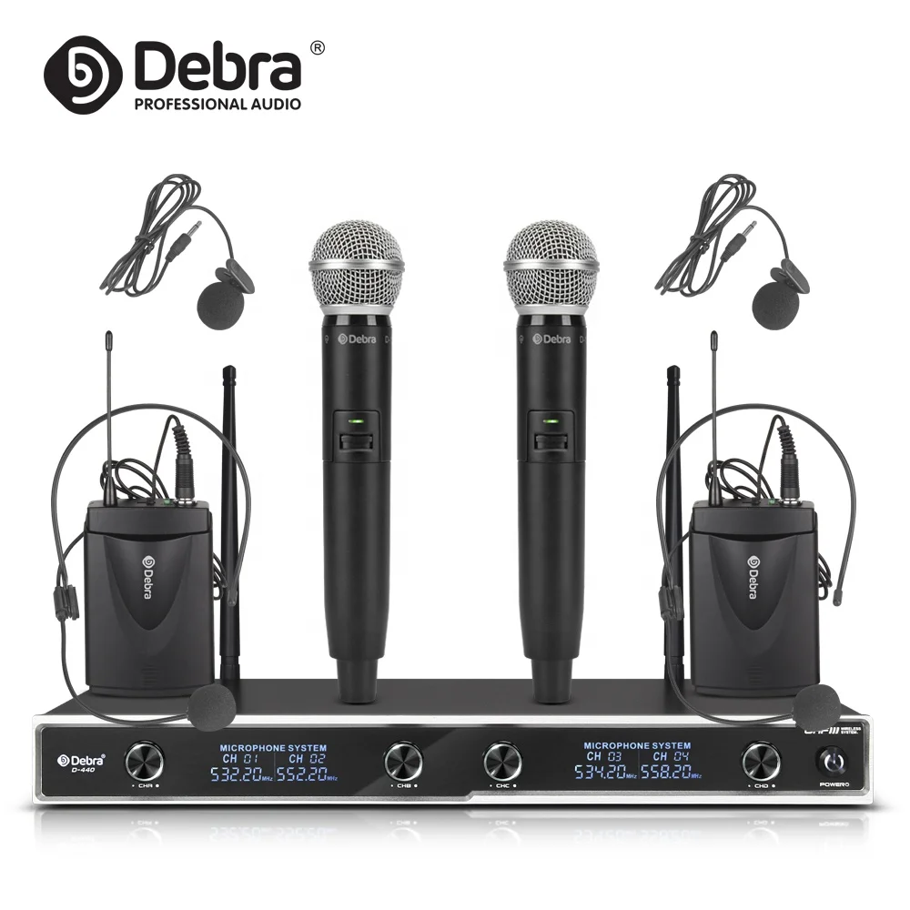 

Debra Audio D-440 4 Channel Handheld & Lavalier Headset UHF Wireless Microphone System 100m range For Speech Karaoke Party KTV