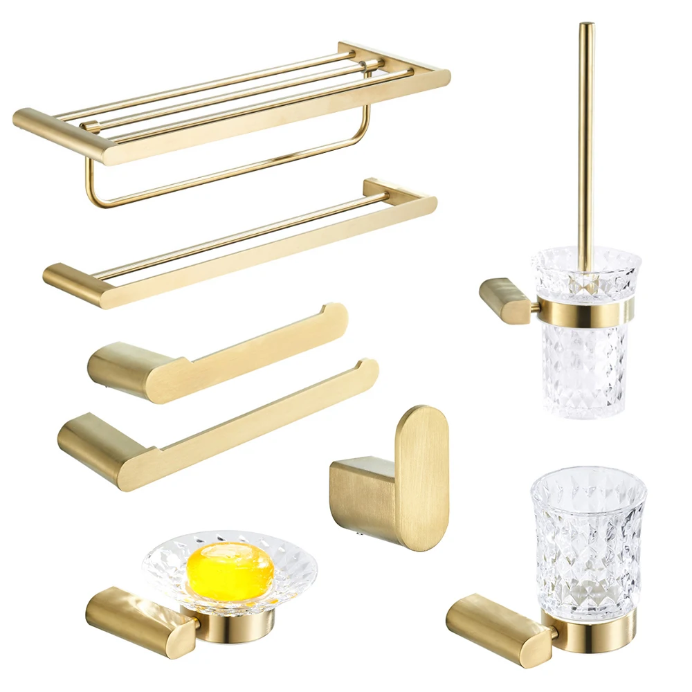 

Bathroom brushed gold wall mounted stainless steel round accessory set