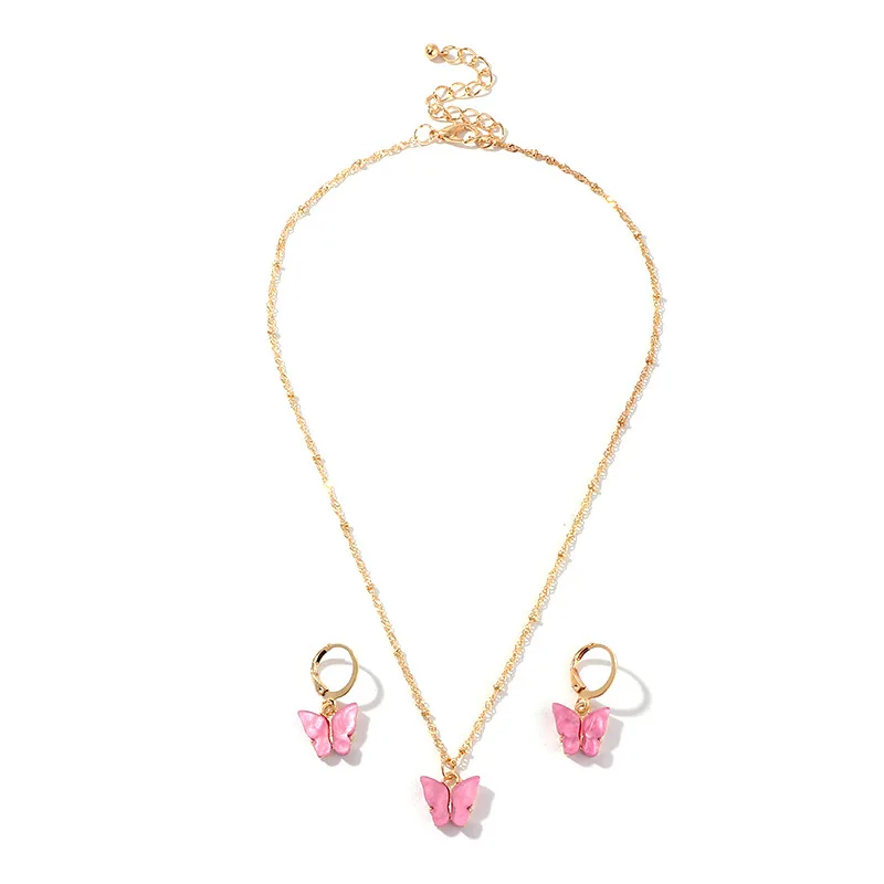 

Ruigang 2021 Summer Beach Holiday Style Color Resin Acrylic Pendant Butterfly Hoop Earring and Necklace set