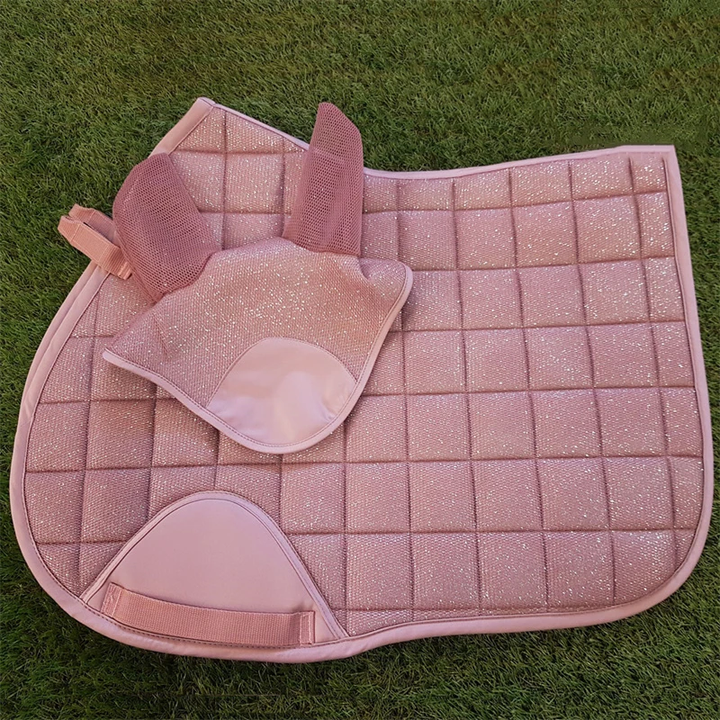 

New Arrival Glitter 3d Mesh Dusky Pink Fly Veil Jumping Numnah Saddle Pad Set, Customized color