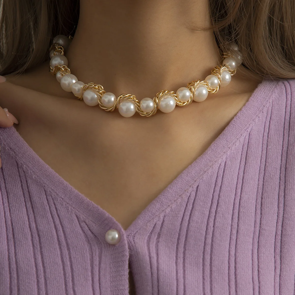 

Vintage geometric single-layer metal winding Fried Dough Twists chain pearl necklace bracelet jewelry women